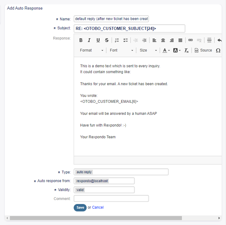 Edit Auto Response Screen