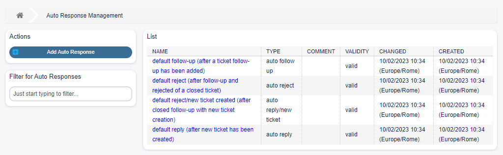 Auto Response Management Screen