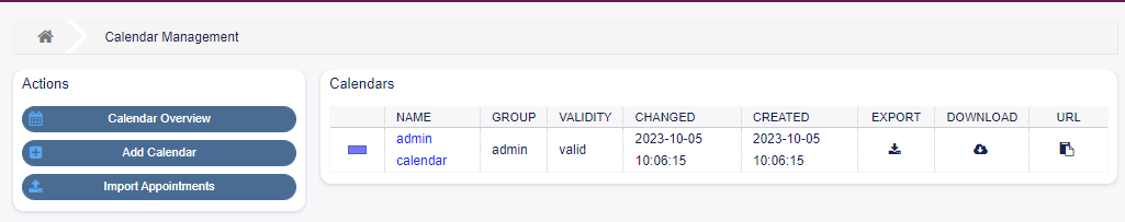 Calendar Management Screen