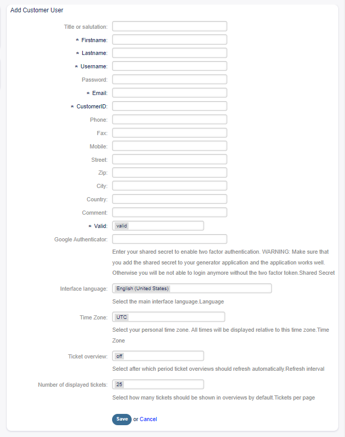 Add Customer User Screen