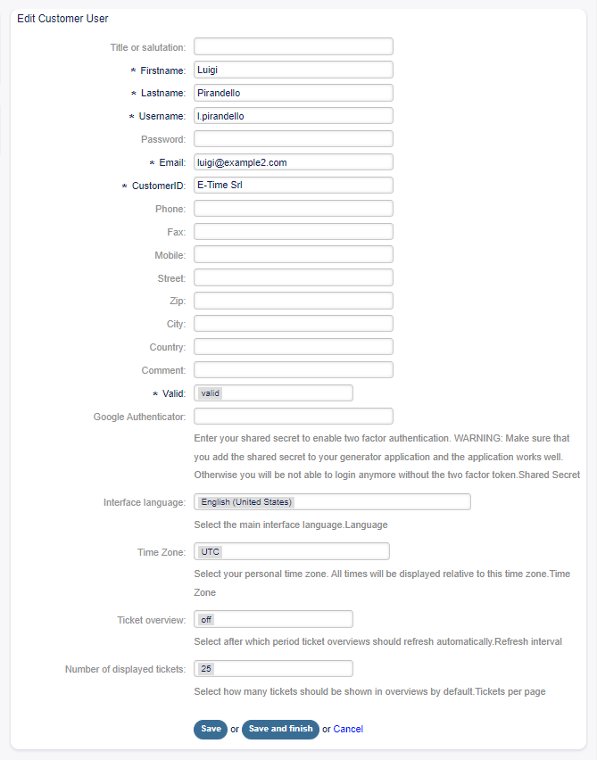 Edit Customer User Screen