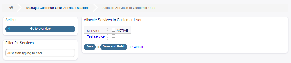 Allocate Services to Customer User Screen