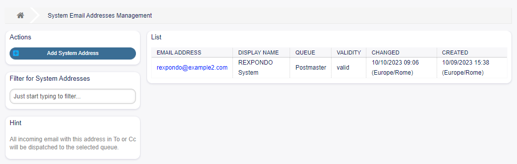 Email Address Management Screen
