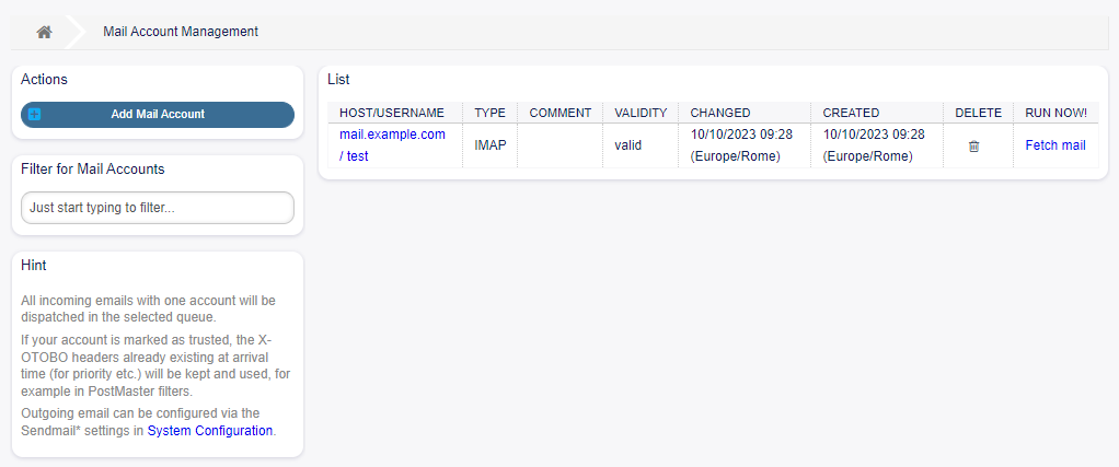 Mail Account Management Screen