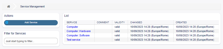 Service Management Screen