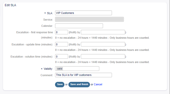 Edit Service Level Agreement Screen