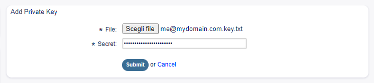 Add S/MIME Private Key Screen