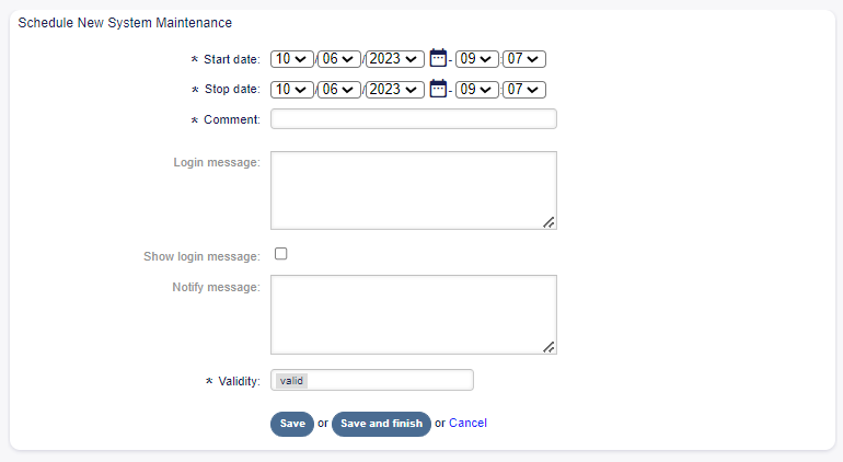 Schedule New System Maintenance Screen