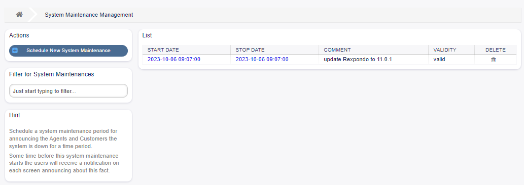 System Maintenance Management Screen