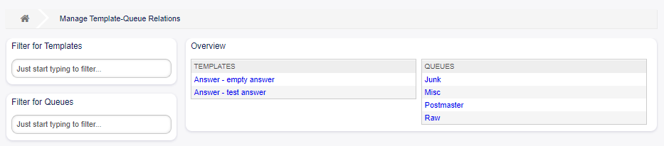 Manage Template-Queue Relations Screen