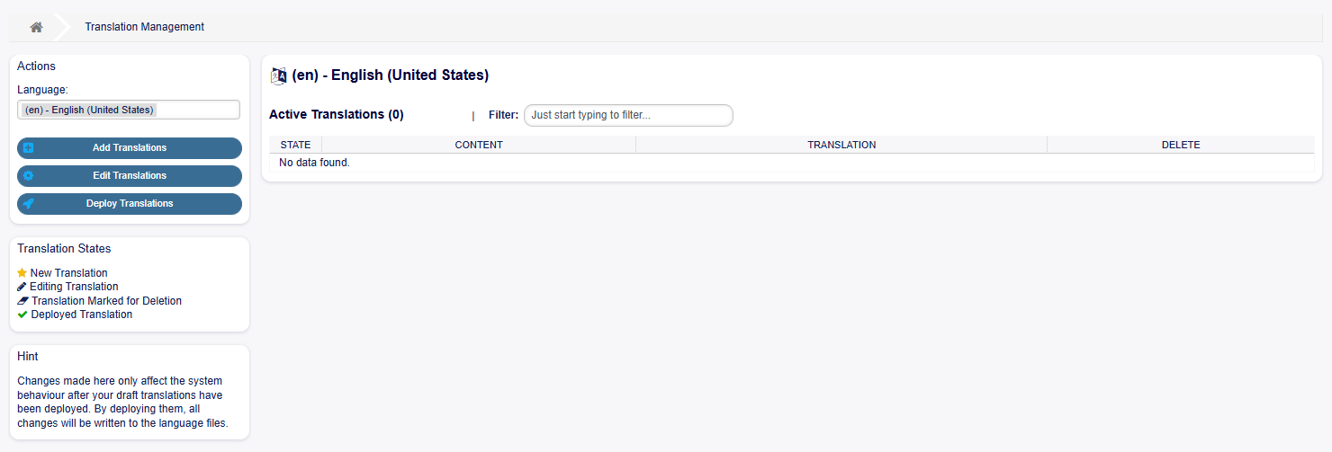 Translations Overview Screen