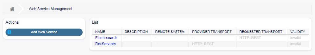 Web Service Management Screen