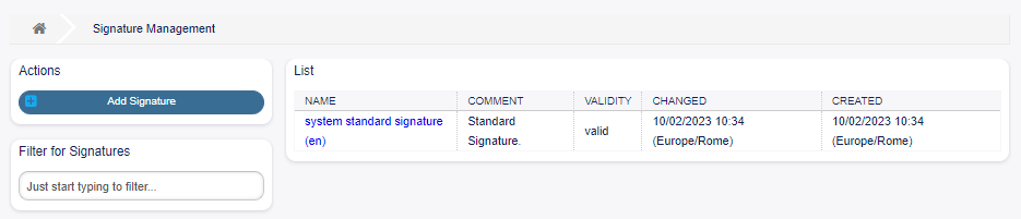 Signature Management Screen