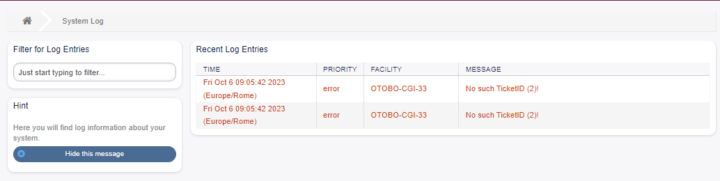 System Log Screen