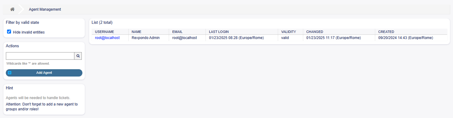 Agent Management Screen
