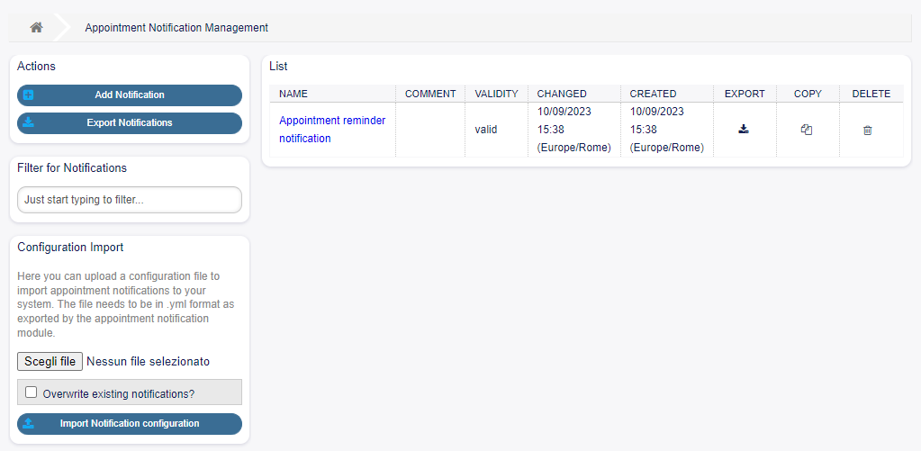 Appointment Notification Management Screen