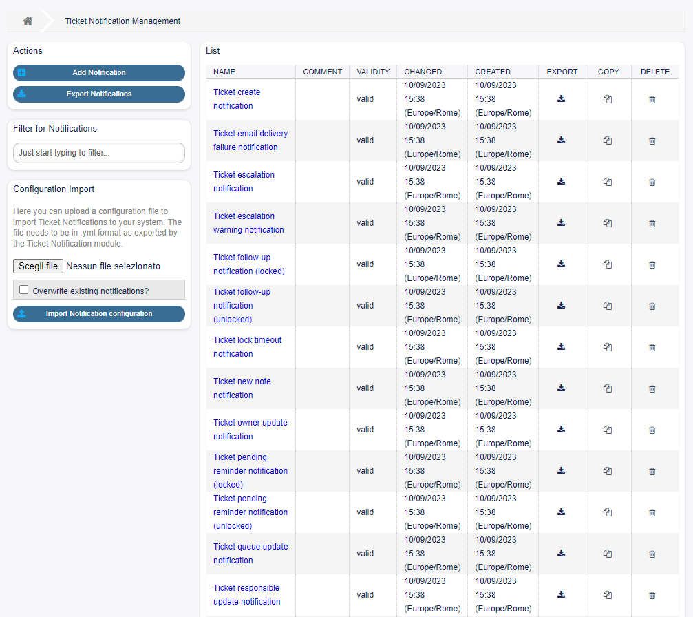 Ticket Notification Management Screen