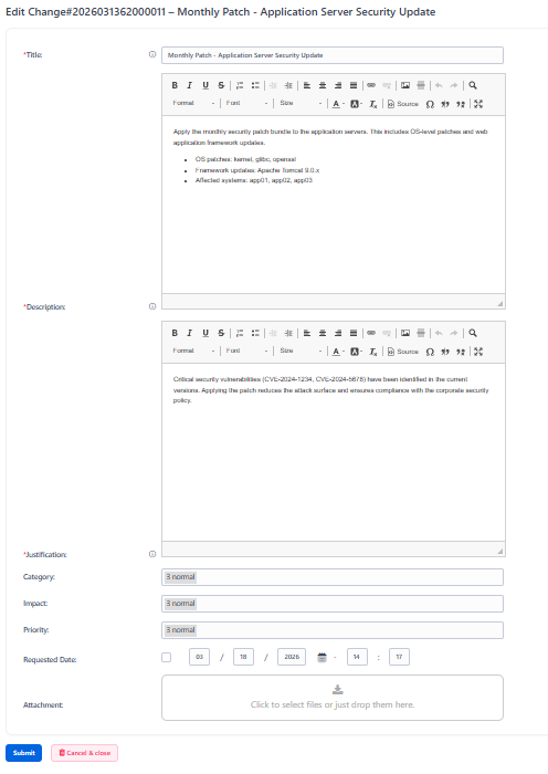 ITSM Changes Edit