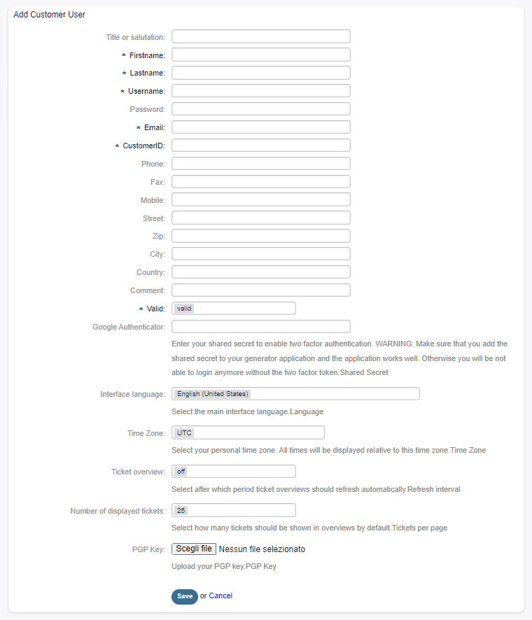 Add Customer User Screen