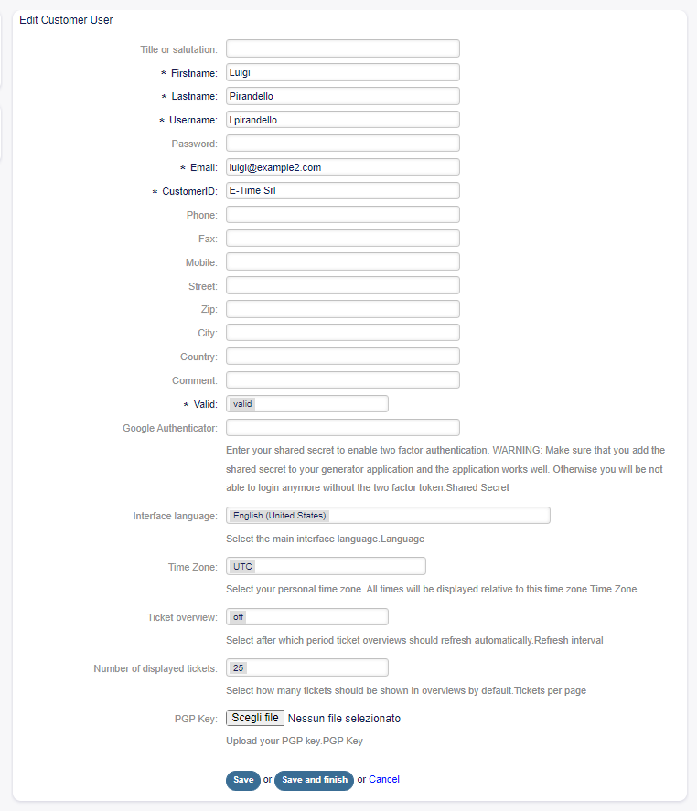 Edit Customer User Screen