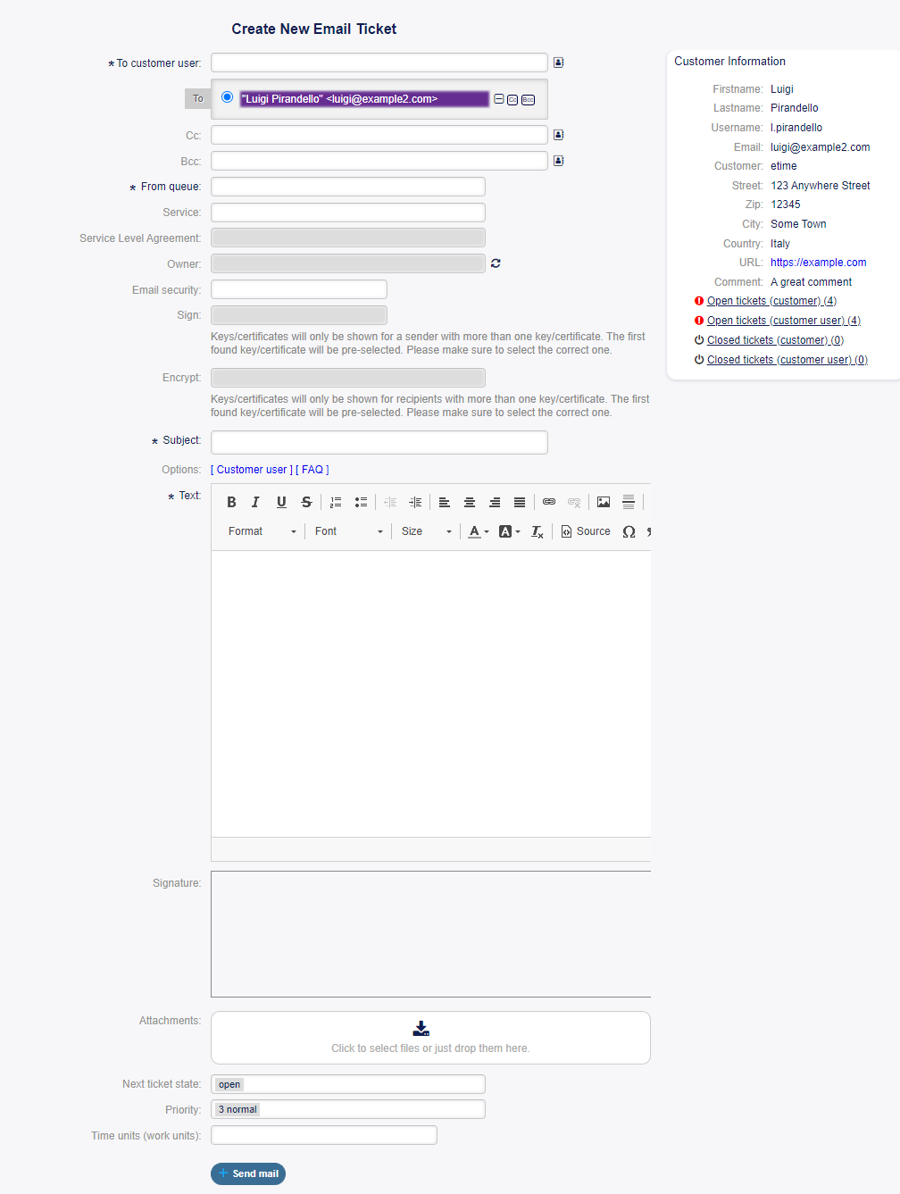 New Email Ticket Screen