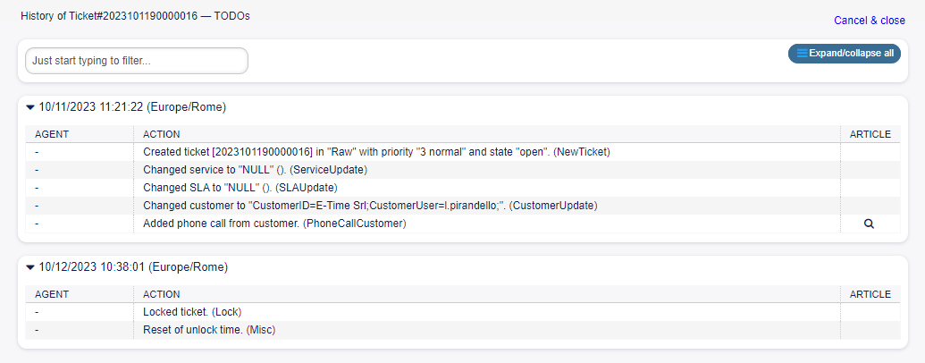 Ticket History Screen