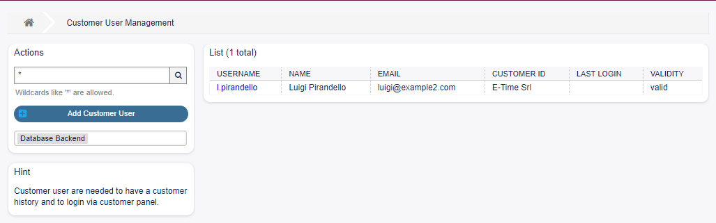 Customer User Management Screen
