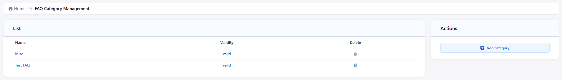 FAQ Category Management Screen